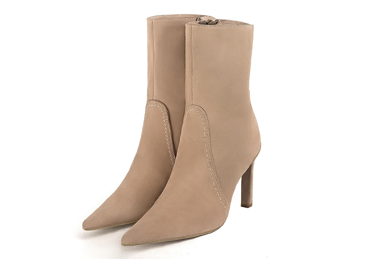 Tan beige women's ankle boots with a zip on the inside. Pointed toe. High slim heel. Front view - Florence KOOIJMAN